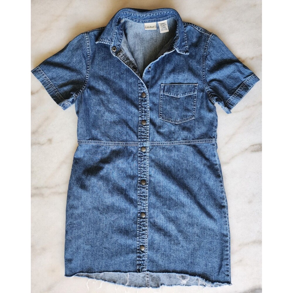 Vintage 90s Y2K LL Bean 4 Petite Denim Short Sleeve Dress Cut Off Snap Button